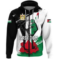 Black zip-up hoodie with Palestine flag map graphic and 'FREEDOM' text on front