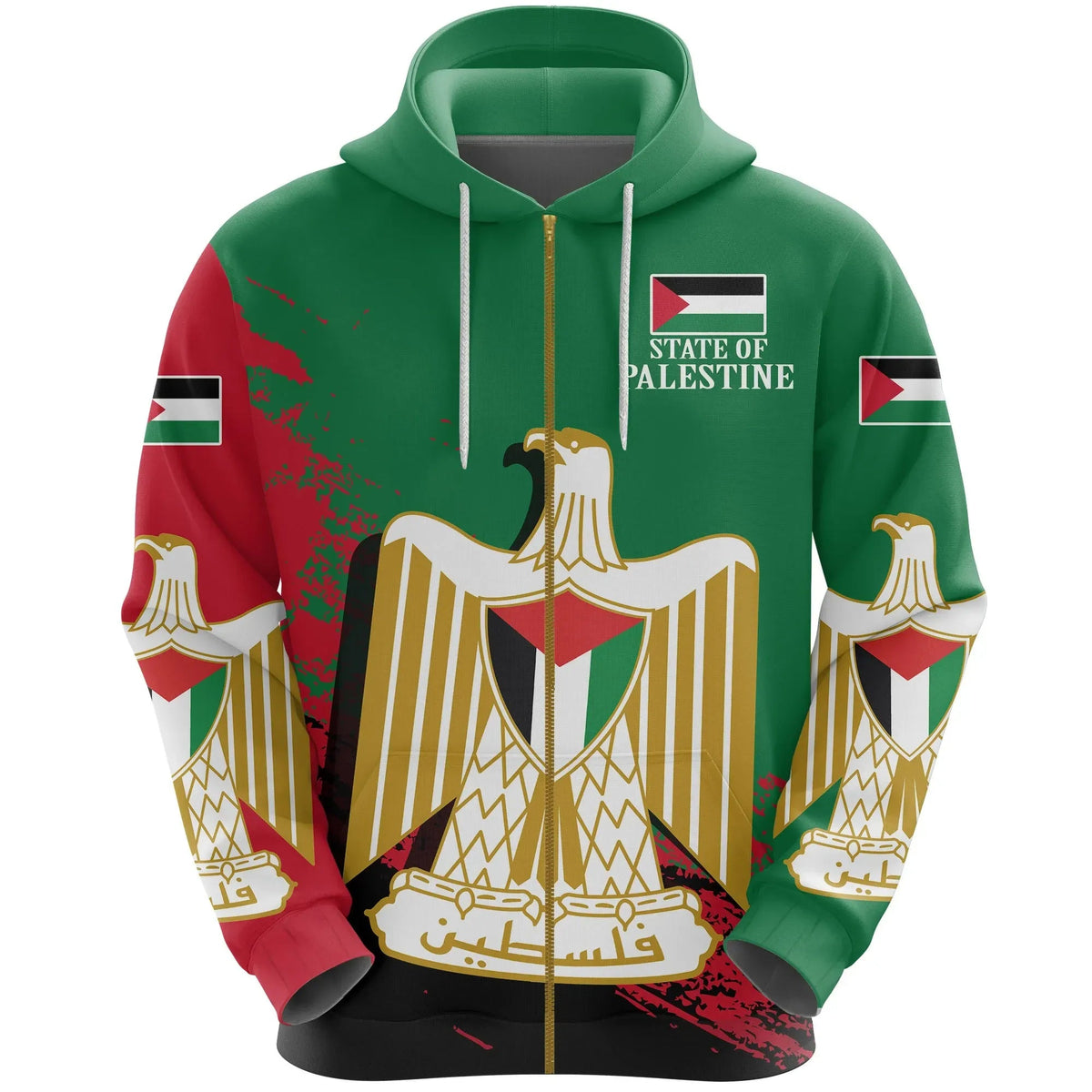 Green zip-up hoodie with Palestine crest graphic and flag stripes on sleeves