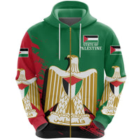 Green zip-up hoodie with Palestine crest graphic and flag stripes on sleeves