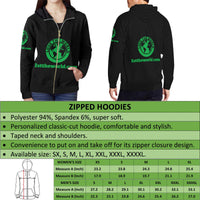 Black zip hoodie with green circular logo and zipper; front and back views