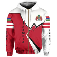 Multicolor graphic zip hoodie with red center, white hood, drawstrings, crest and flag stripes