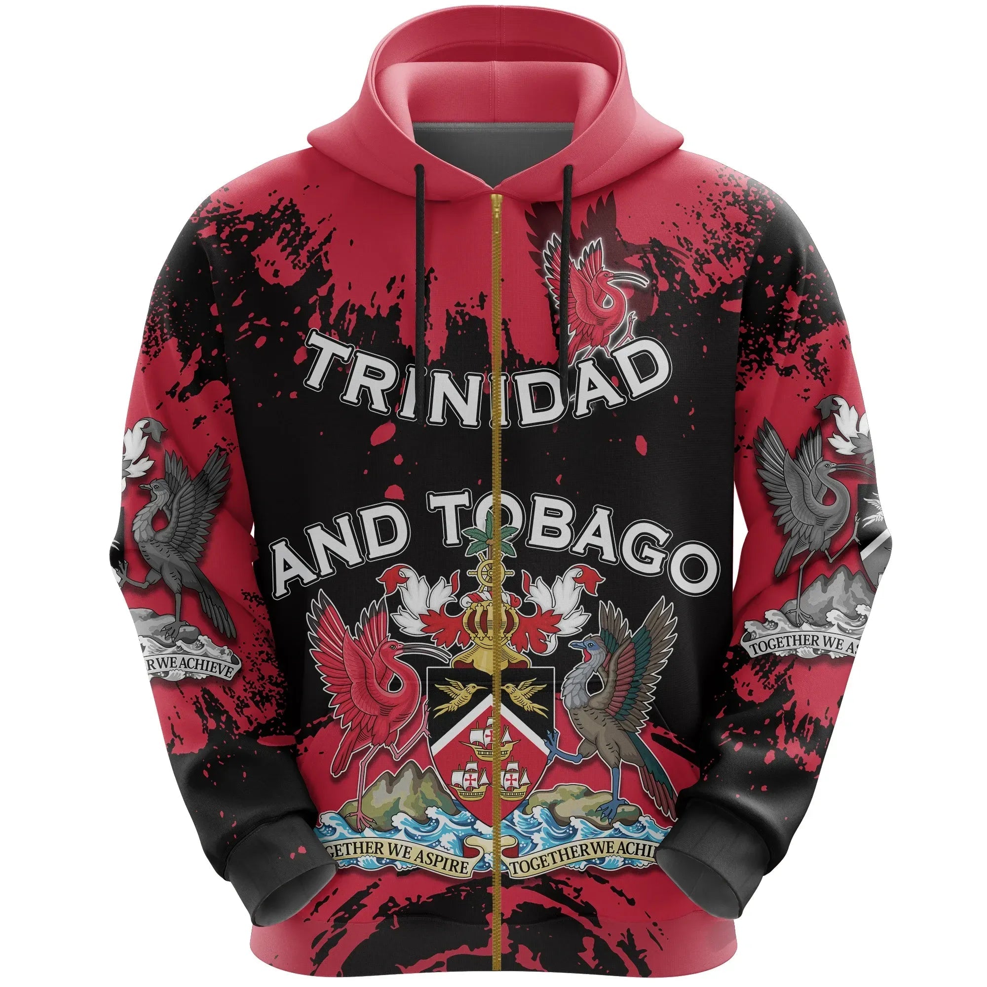 Trinidad and Tobago Scarlet Ibis All Over Zip Hoodie Coat Of Arms RLT6 - Wonder Print Shop