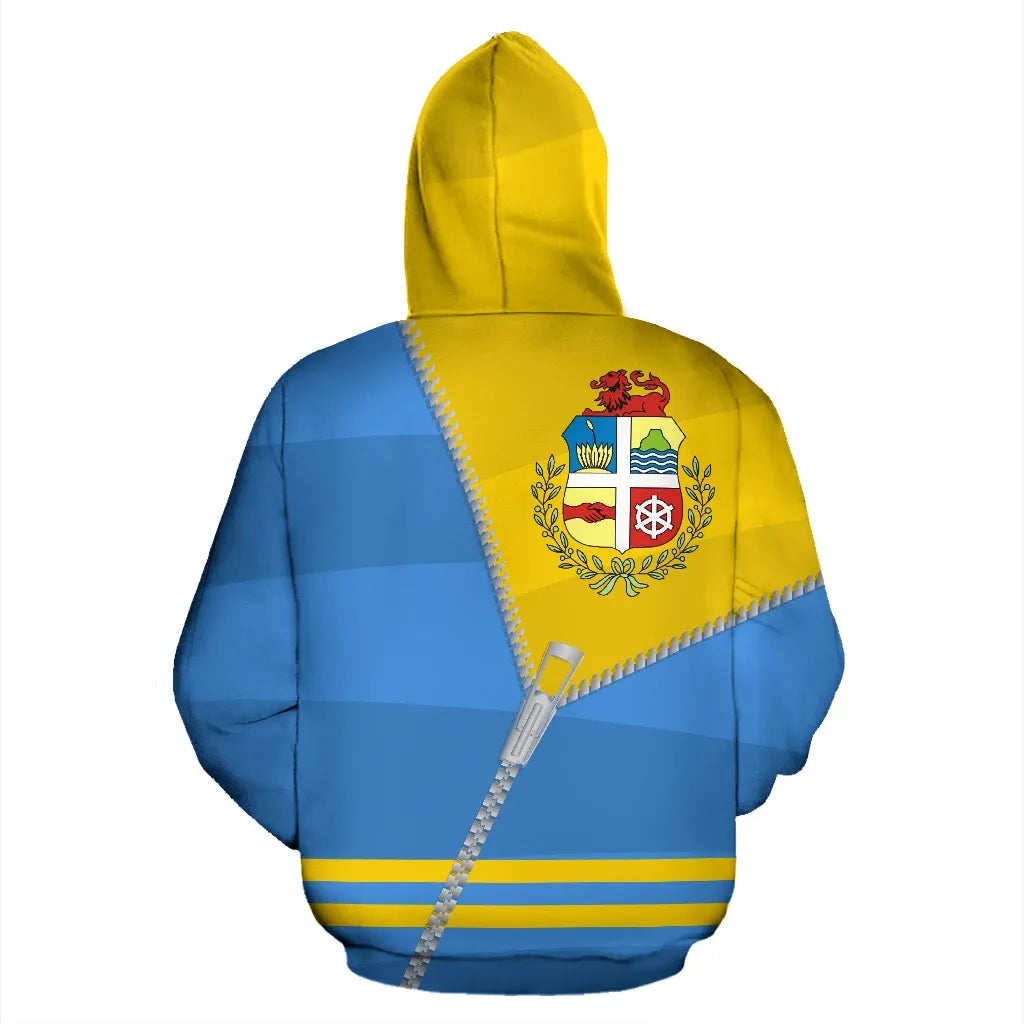 Aruba Kapuzenzip-Hoodie blau-gelb, Wappen auf dem Rücken