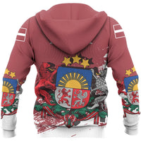 Maroon zip-up hoodie back with large crest graphic and patterned arms, hood up