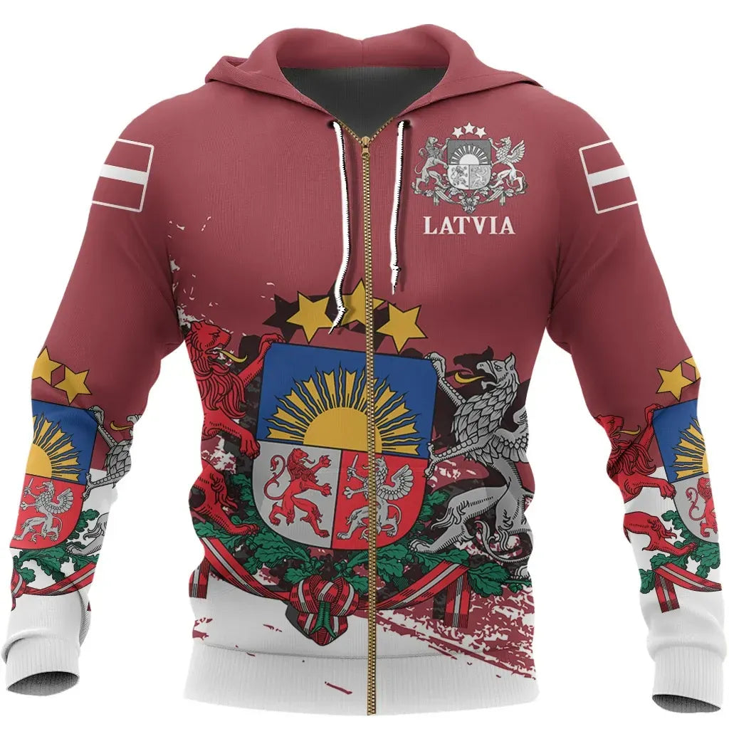 Maroon zip-up hoodie with Latvia crest, stars, and patterned sleeves; gold zipper