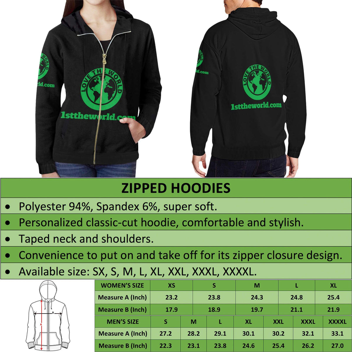 Black zip-up hoodie with green globe logo and 1sttheworld.com text on chest