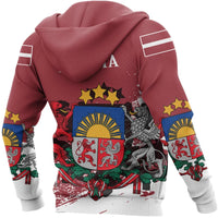 Maroon zip-up hoodie rear view with Latvia shield, stars, and striped cuffs