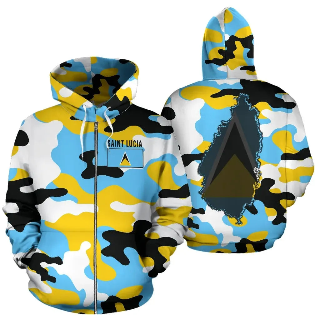 Saint Lucia Zip Up Hoodie Camouflage Map RLT6 - Wonder Print Shop