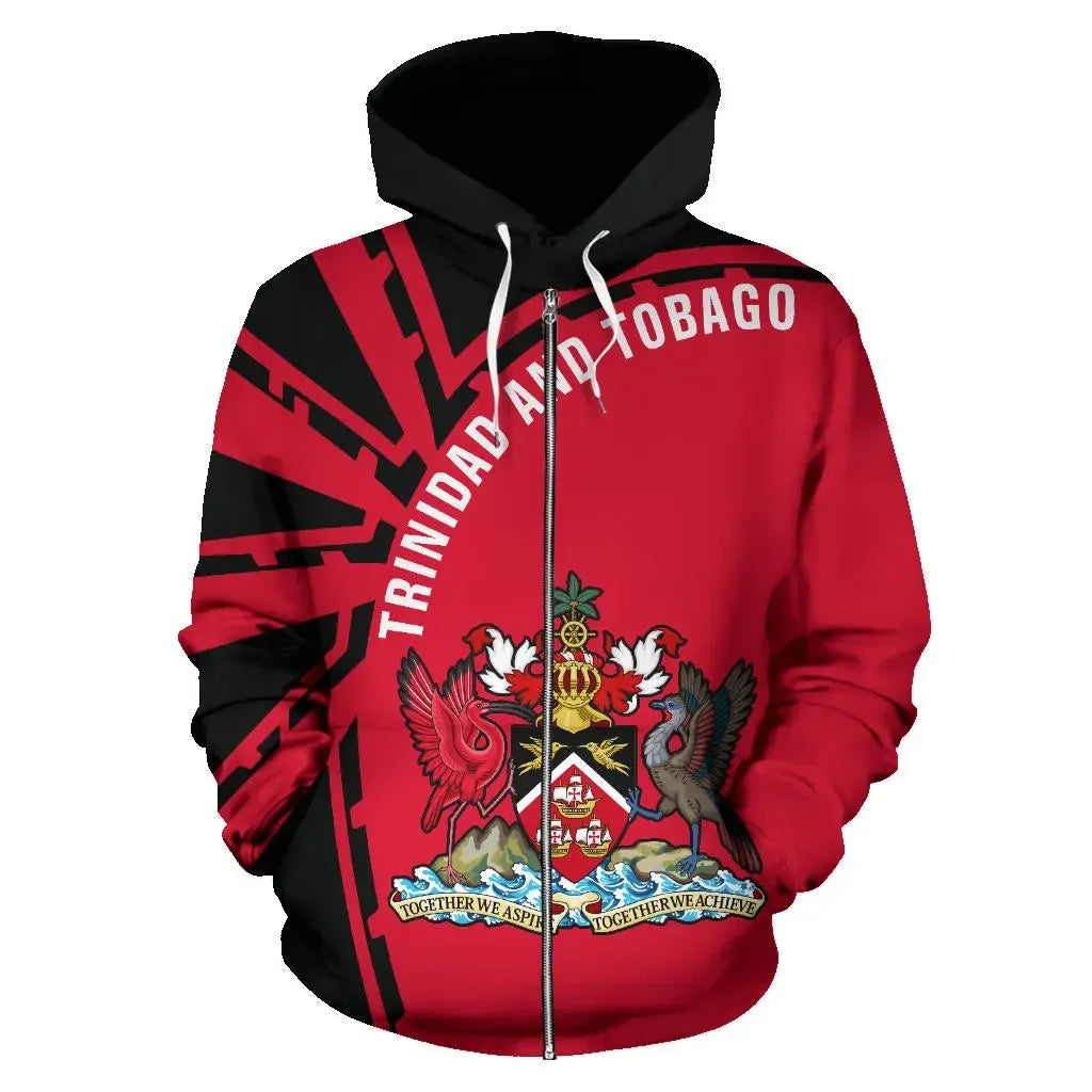Red zip-up hoodie with black hood, front graphic and Trinidad & Tobago crest