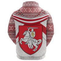 Zip hoodie back with Pahonia crest, Nordic pattern across hood and sleeves, red/white