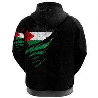 Black zip hoodie back view with Palestine flag graphic and hood