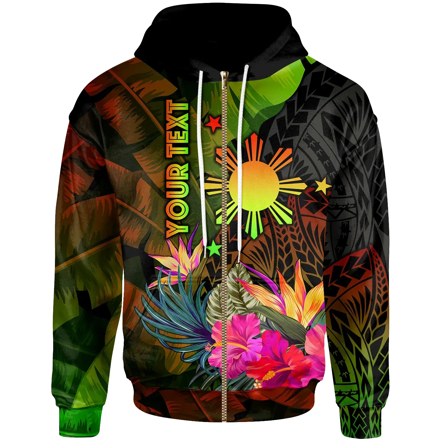 Custom The Philippines Polynesian Zip Up Hoodie Hibiscus and Banana Leaves RLT6 - Wonder Print Shop