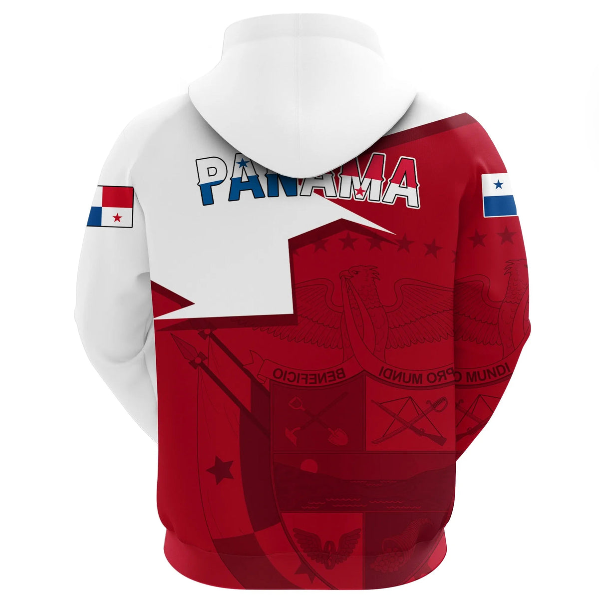 Back of red/white zip hoodie with large Panama text and hood