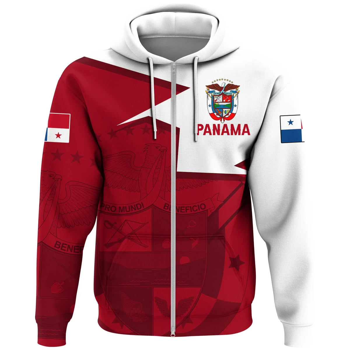 Red/white zip hoodie with Panama crest, hood drawstrings, full front zip