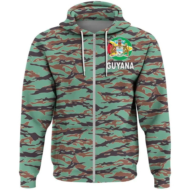 Army Guyana Tiger Stripe Camouflage Seamless Flag And Coat Of Arms Zip Hoodie RLT8 - Wonder Print Shop