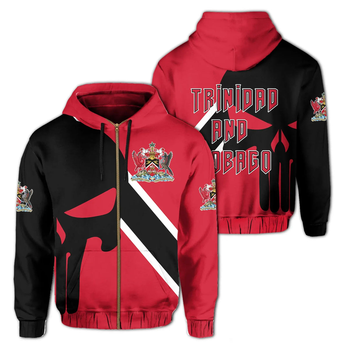Red and black zip hoodie with Trinidad and Tobago crest and diagonal flag graphic