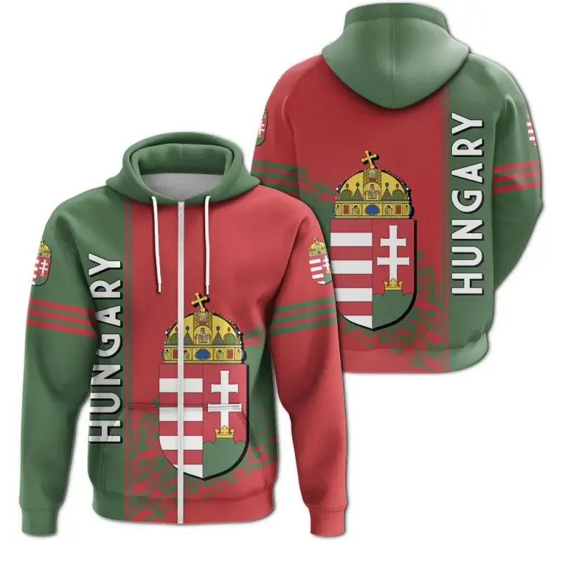 Two-tone zip-up hoodie with Hungary coat of arms crest, hood and white drawstrings