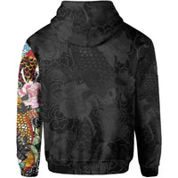 Black zip hoodie back view with subtle koi-scale texture and colorful sleeve artwork