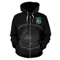 Black zip hoodie with front Liberia graphic and circular chest emblem