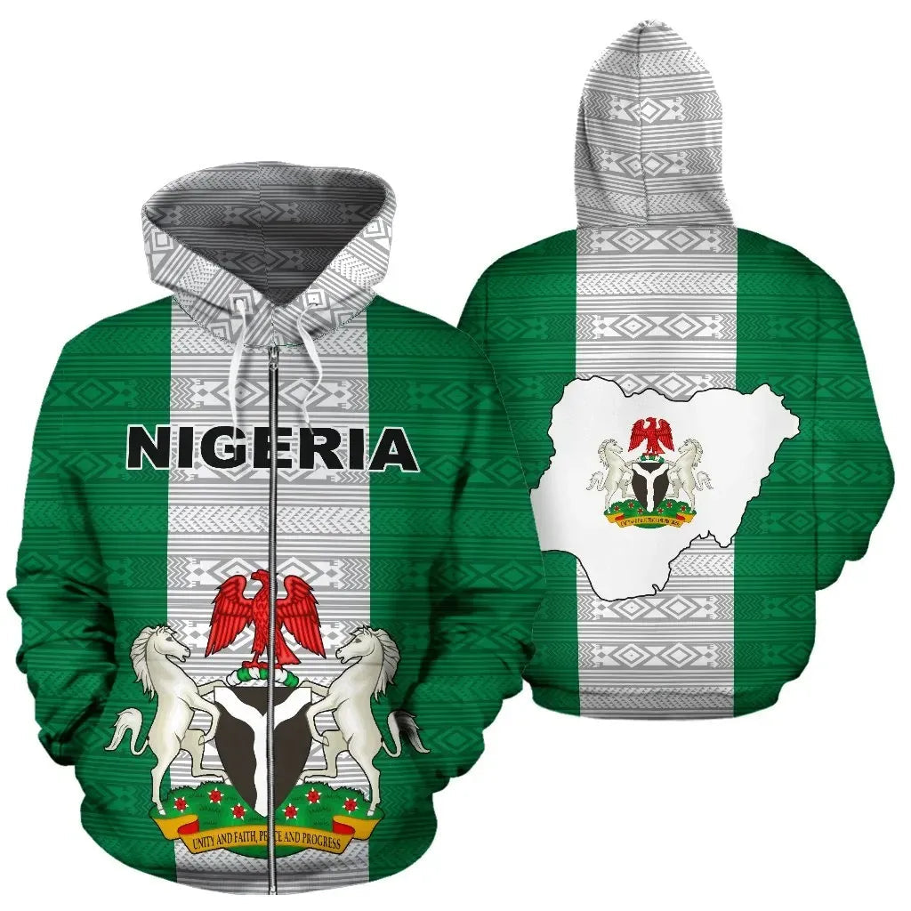 Nigeria All Over Zip Up Hoodie Flag and Coat Of Arm RLT8 - Wonder Print Shop