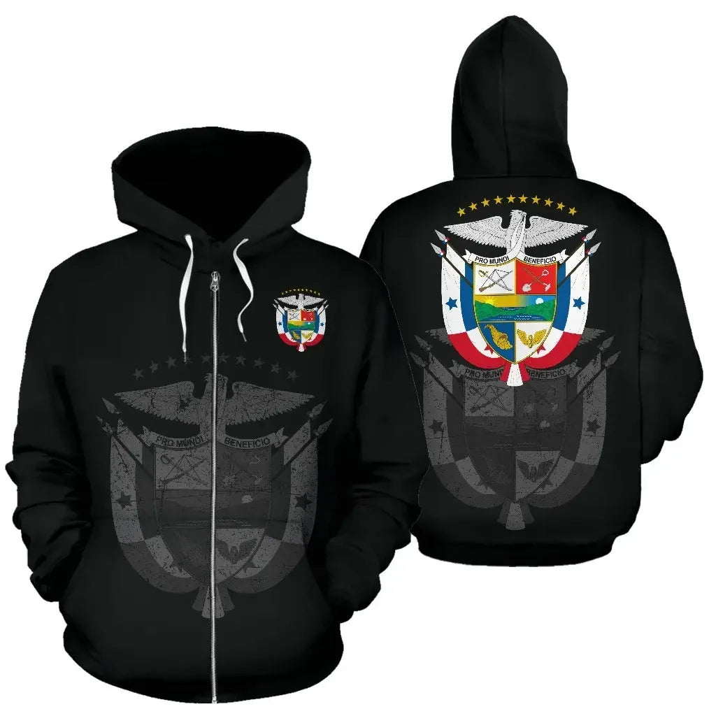 Black zip-up hoodie shown front and back with crest graphics on both sides