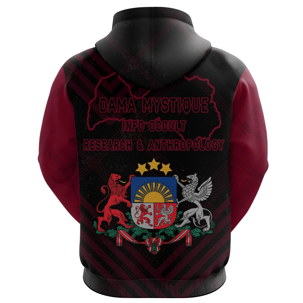 Back view pullover hoodie with Dama Mystique text and crest, maroon/black plaid