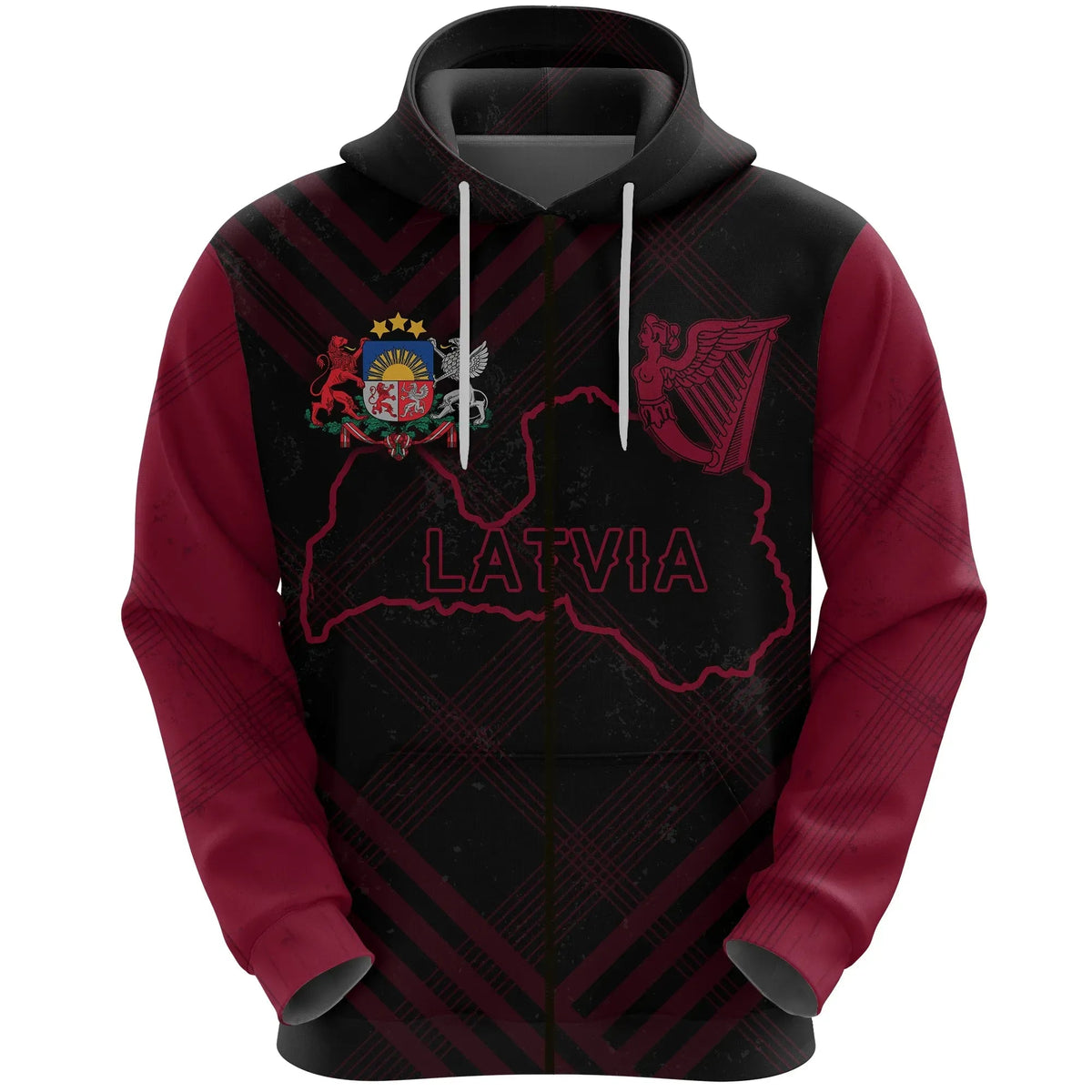 Pullover hoodie with Latvia graphic, maroon sleeves, black front and white drawstrings