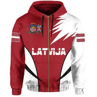 Red zip hoodie with Latvija graphic, white side panels, black drawstrings and hood