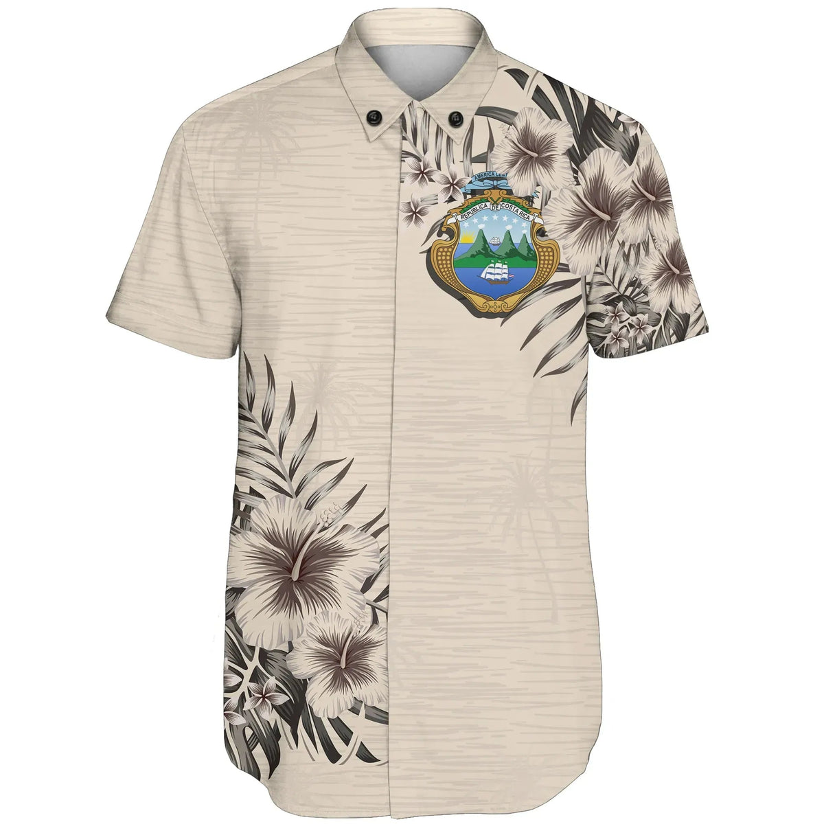 Beige short-sleeve button-up shirt with hibiscus and tropical crest graphic