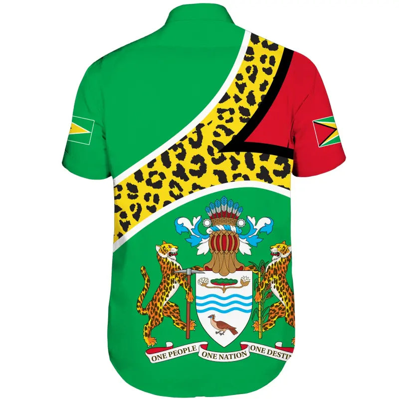 Back view green short-sleeve shirt with Guyana crest panel and leopard stripe diagonal