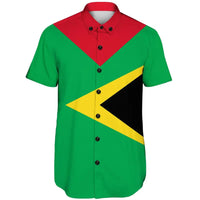 Green short-sleeve button-up shirt with red collar yoke, yellow/black diagonal print