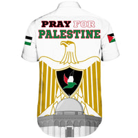 White unisex short-sleeve shirt back: “Pray for Palestine” eagle emblem graphic