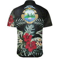 Schwarzes Rückenmotiv-Kurzarmhemd mit Costa-Rica-Wappen, Hibiskus und Palmenblättern
