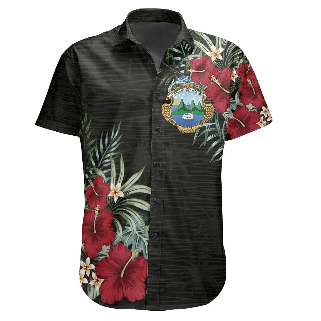 Schwarzes Kurzarmhemd mit Hibiskus-Print, offener Knopfleiste und Tropenblättern