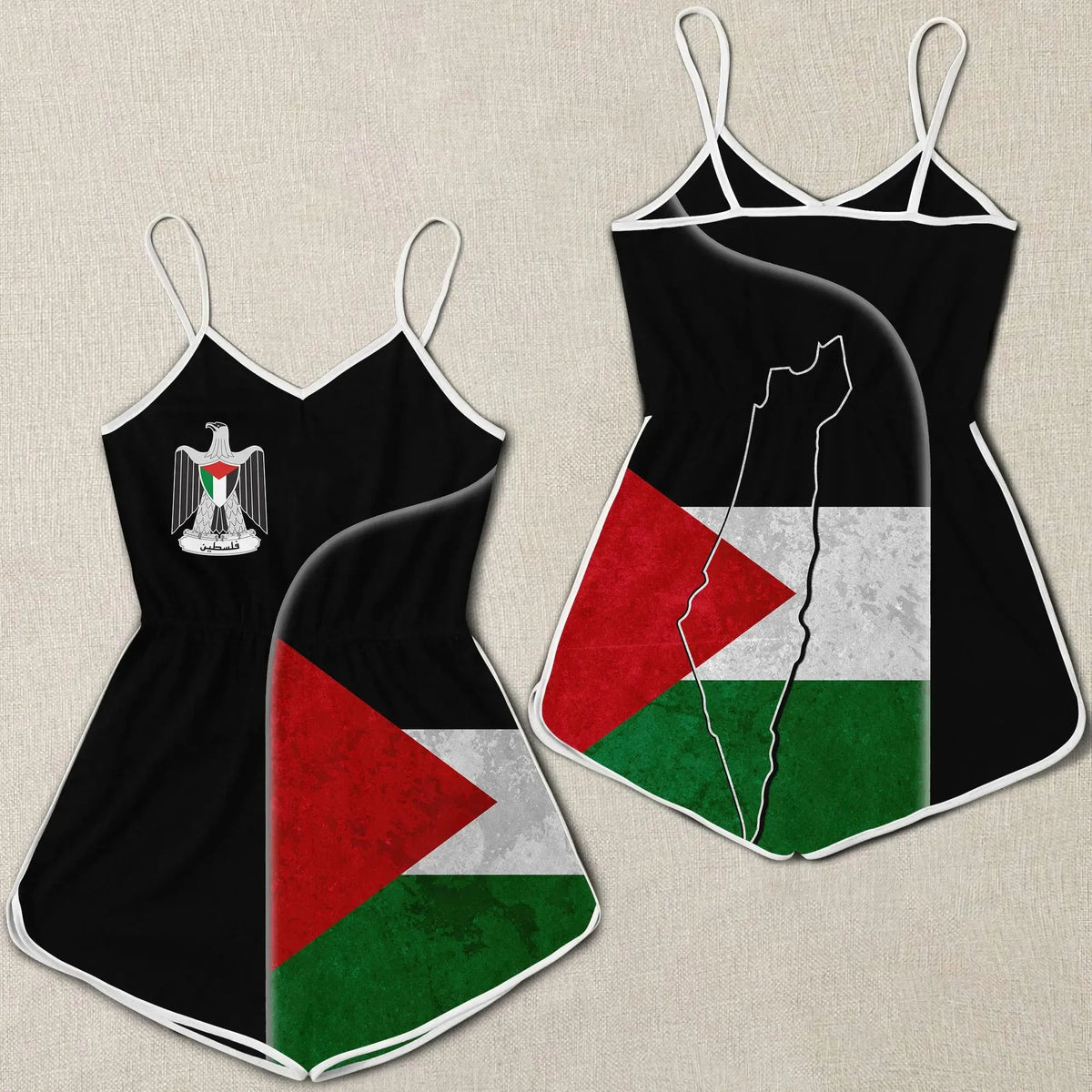 Women’s sleeveless romper, Palestine flag print, thin straps, V-neck, black w/ white trim