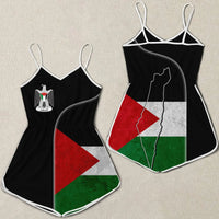 Women’s sleeveless romper, Palestine flag print, thin straps, V-neck, black w/ white trim