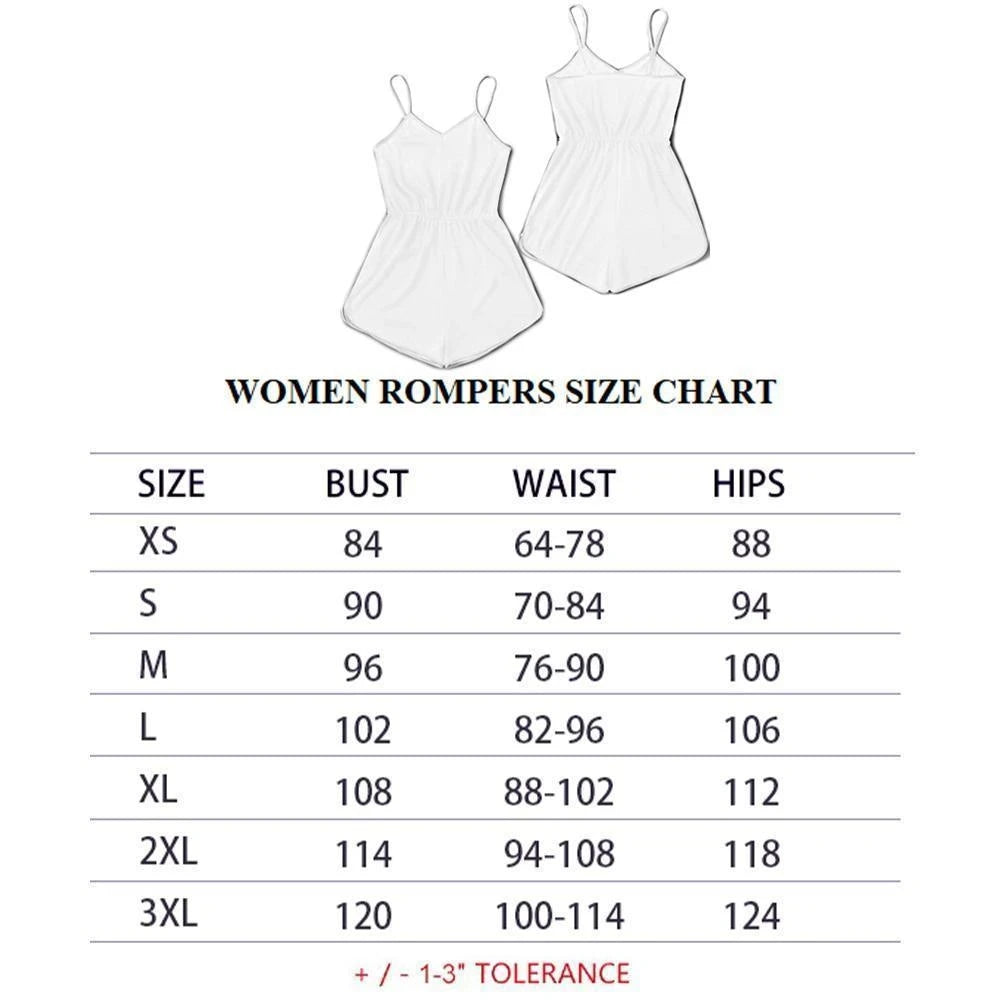 Women’s romper size chart with two white romper sketches and size measurements table