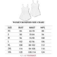 Women’s romper size chart with two white romper sketches and size measurements table