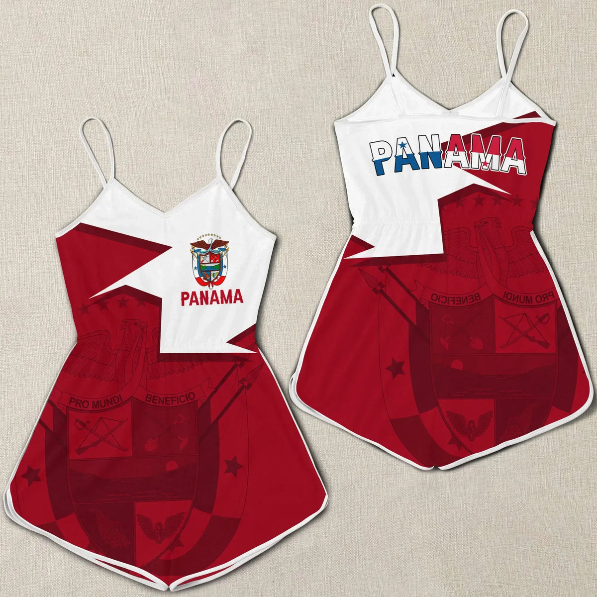 Women's romper with thin straps, red-and-white Panama graphic, V neckline, short legs