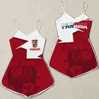Women's romper with thin straps, red-and-white Panama graphic, V neckline, short legs