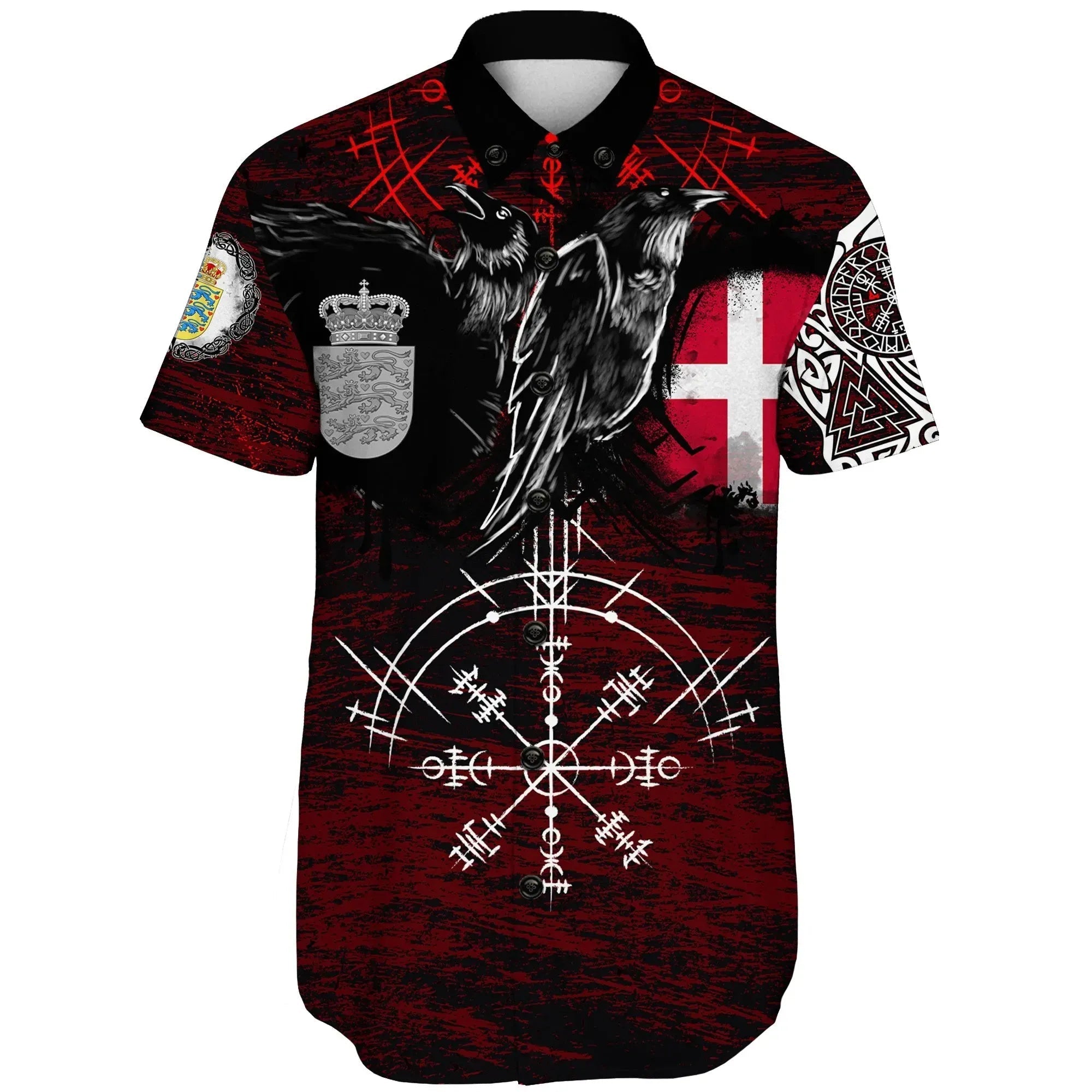 viking-shorts-sleeve-shirts-denmark-raven-of-odin-and-symbol-viking-on-blood-background