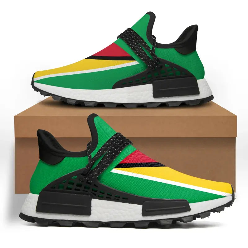 Colorful green low-top sneakers with black laces, thick white sole and black heel tab.