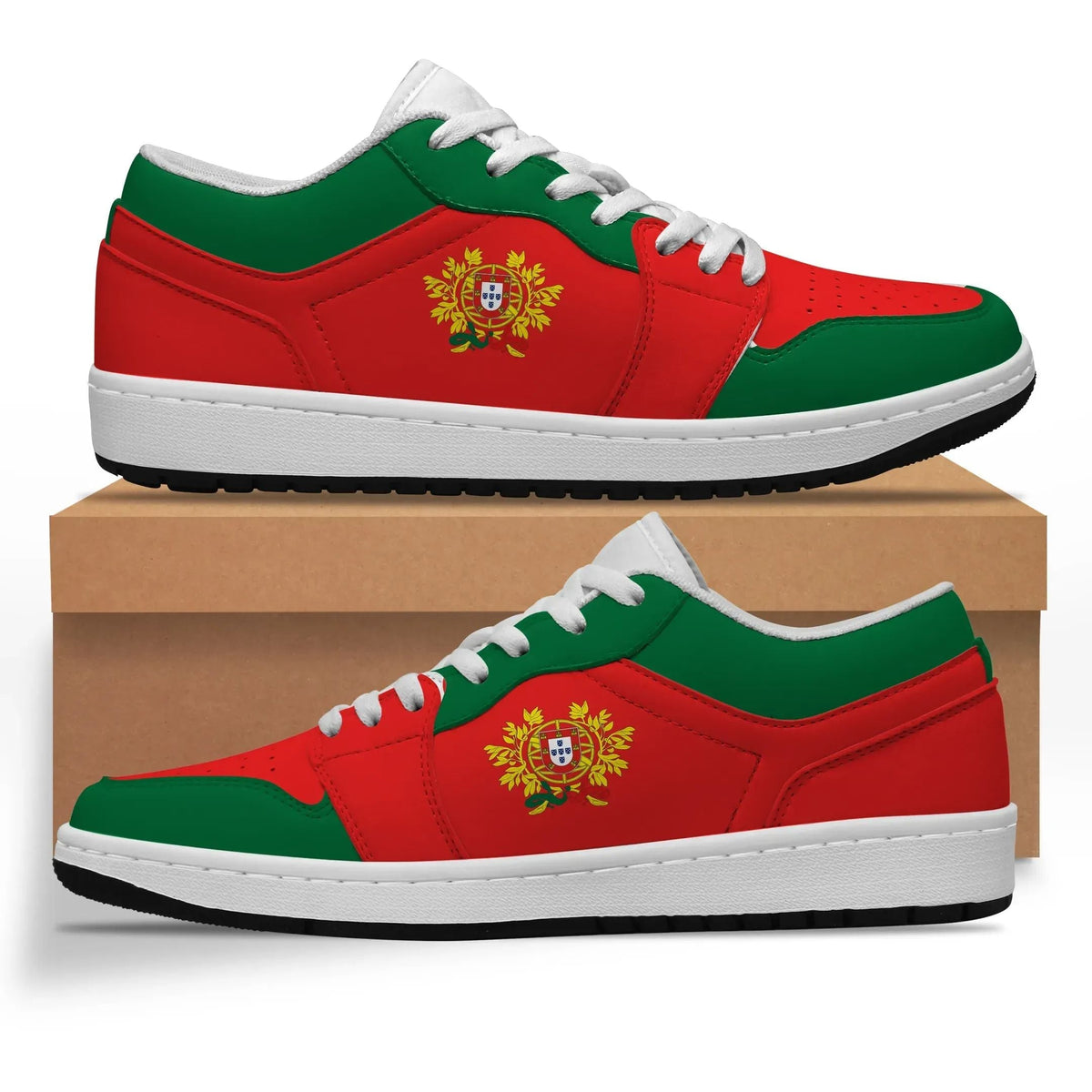 Low-top sneakers in red and green with white laces and Portugal crest on side