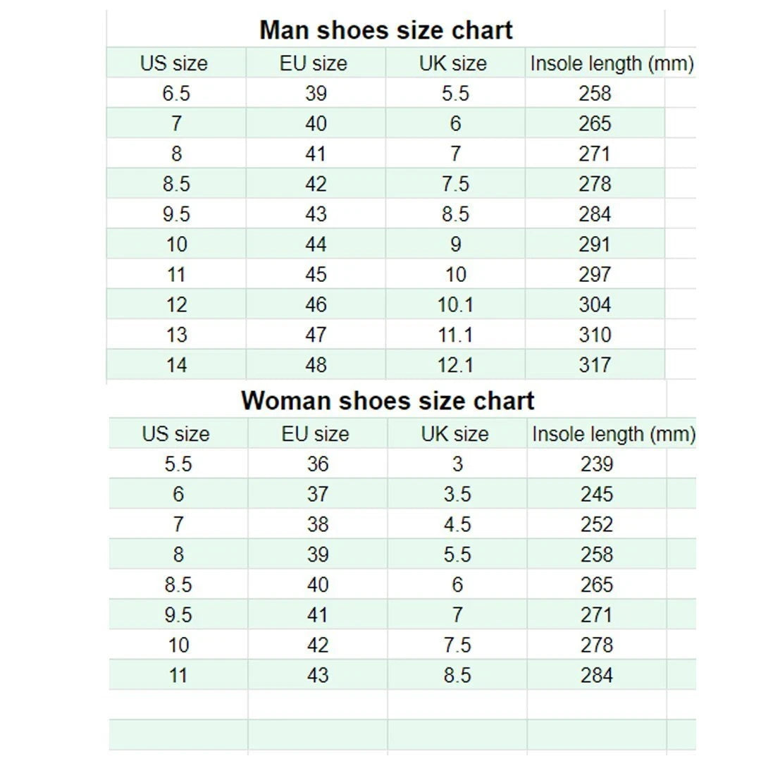 Men and women shoes size chart with US, EU, UK, and insole length (mm)