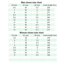 Men and women shoes size chart with US, EU, UK, and insole length (mm)