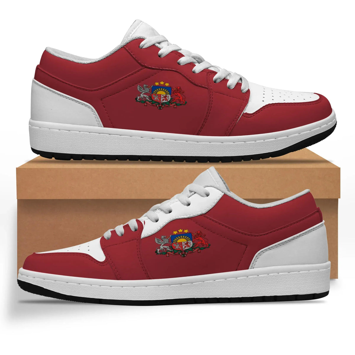 Red low-top sneakers with white sole, white laces, and crest emblem on side
