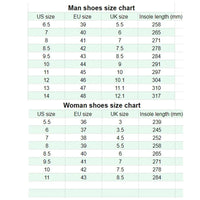 Shoes size chart table: US, EU, UK sizes and insole length (mm) for men and women.