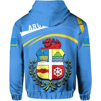 Blue zip hoodie back with crest graphic and laurel wreath, ribbed cuffs