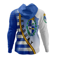 Colorful zip-up hoodie back view; Uruguay shield crest and diagonal medal stripe