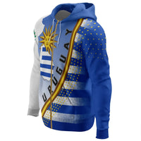 Colorful zip-up hoodie, side view; blue-and-white stripes with Uruguay seal